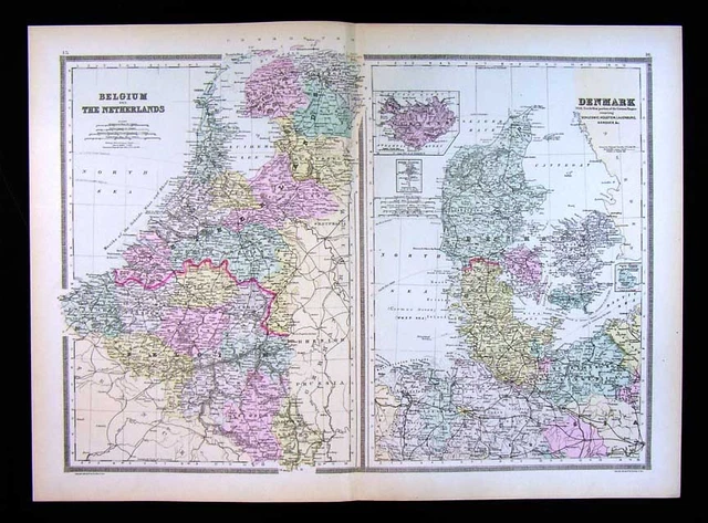 1887 Bradley Map Denmark Iceland & Holland Belgium Netherlands Amsterdam Europe