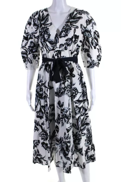Lela Rose Womens Cotton Floral Print Short Sleeve V Neck Dress White Size 6