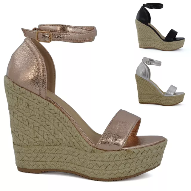 Womens High Wedge Platform Heel Sandals Ladies Ankle Strap Peep toe Espadrilles