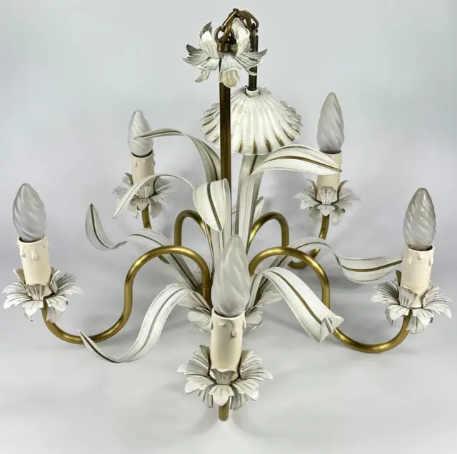 Vintage French Large 5 Arm White & Gold Colour Metal Toleware Chandelier Light