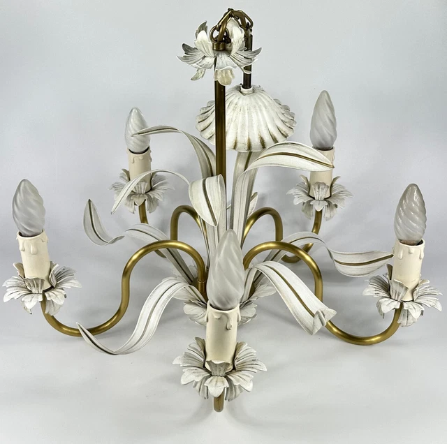 Vintage French Large 5 Arm White & Gold Colour Metal Toleware Chandelier Light