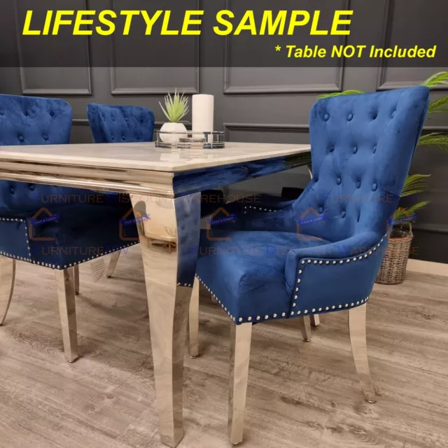 4x FurnitureDW Megan Ring Knocker Blue Velvet Chair Chrome Legs for Dining Room