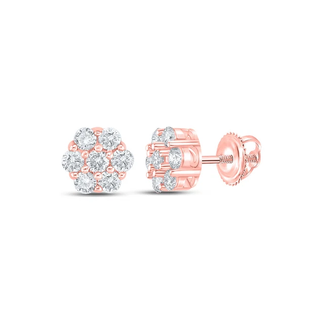 10K Rose Gold Mens Round Diamond Flower Cluster Earrings 1/3 Cttw