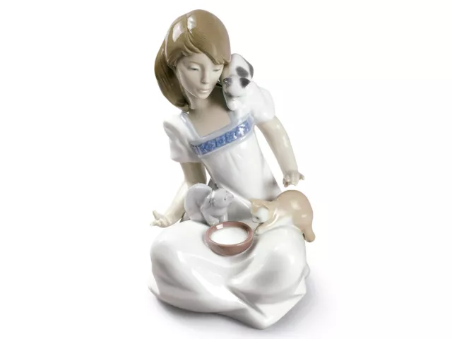 Nao by Lladro Frühstück Mädchen Figur #1569 Brand Feder Kätzchen Katzen Save $ F