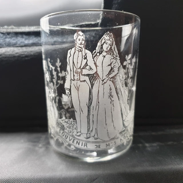 VERRE MARIAGE SOUVENIR DE MES NOCES COUPLE & OISEAUX ART NOUVEAU SIGNE FIN XIXe