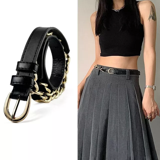 Casual Metal Chain Leather Belt Luxury Design Thin Waist Strap