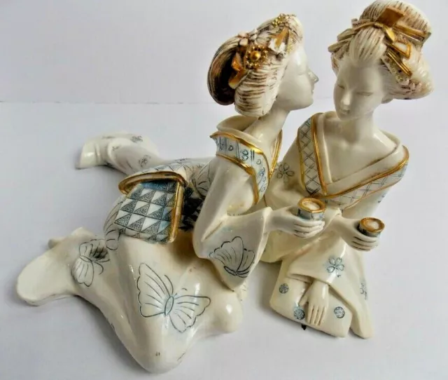 Geisha Girls Figurine Cream color & Blue & Gold Accents Kimono's Resin Pre-owned