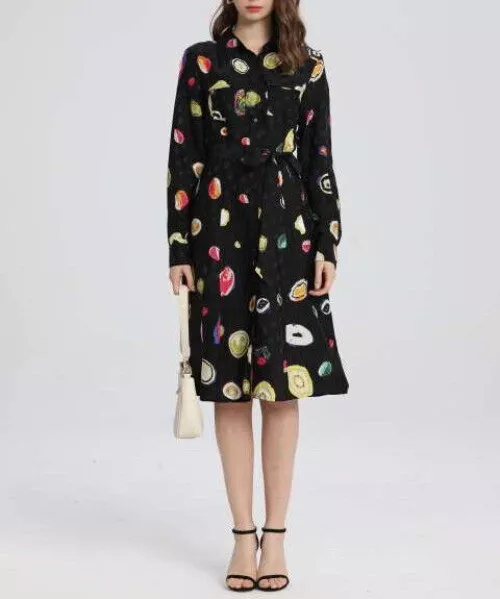 Diane von Furstenberg Silk Collar Floral Long Sleeve Shirt Midi Dress