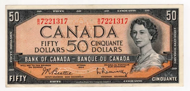 1954 Bank Of Canada Fifty 50 Dollar Bank Note Bh 7221317 Nice Bill