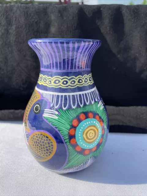 Vintage Mexican Folk Art Terracotta Pottery Vase Hand Painted Birds 5" Talavera?