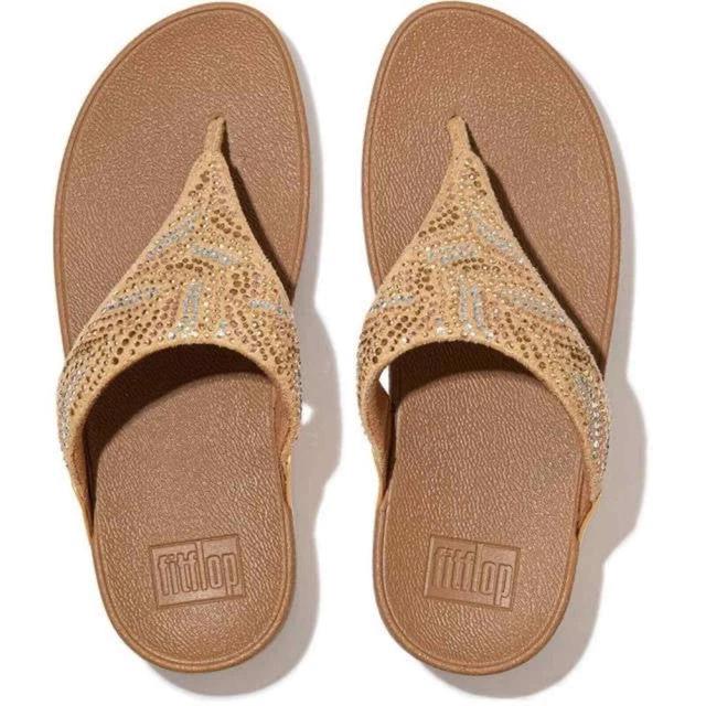 New! FitFlop Womens Lulu Crystal Feather Wide Fit Toe-Post Sandals Size 8 Yellow