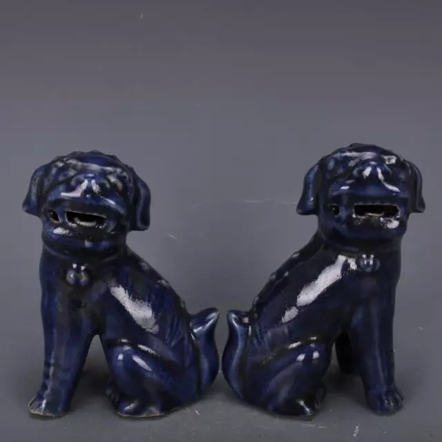 4.8" Chinese Old Pair Sacrificial Blue Glaze Porcelain Foo Dogs Statues