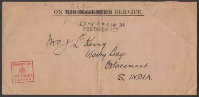 East Africa and Uganda 1916 On Active Service Cover w FPO 24 Postmark + Censor