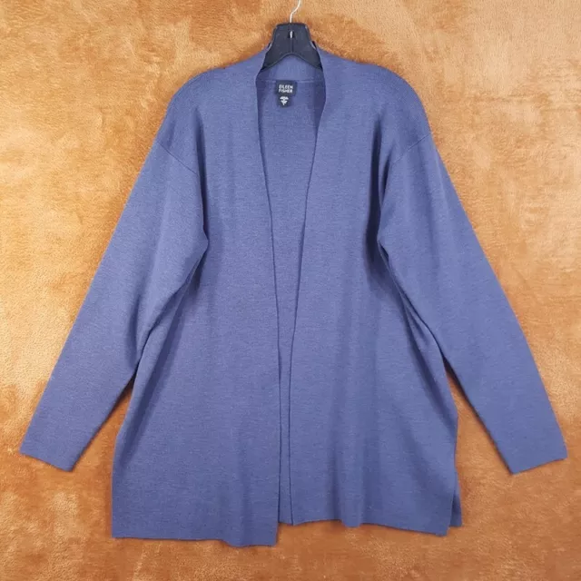 EILEEN FISHER Womens Sweater Large Blue Cardigan Open Side Slits 100% Wool HOLE