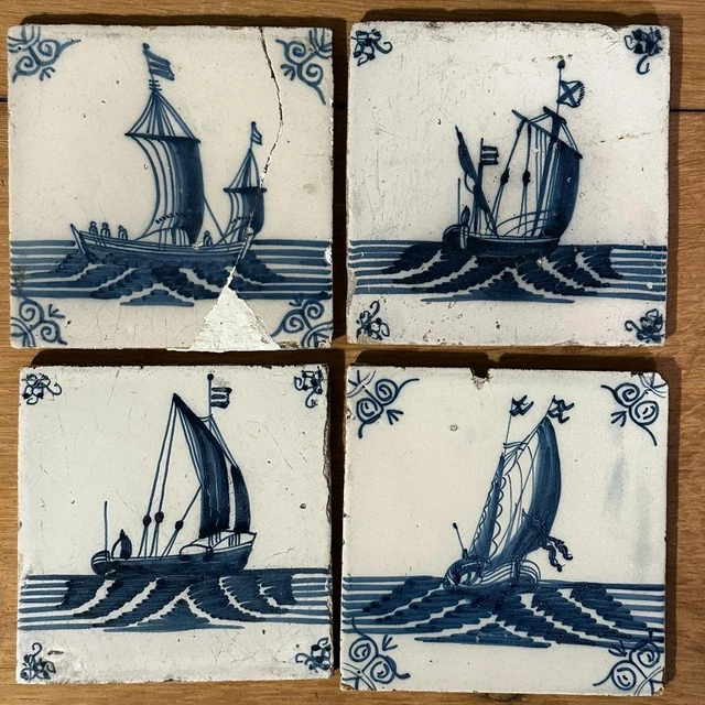 Four 1500's/1600's Dutch Delft Faience Tiles with Boats/Sailing Ships