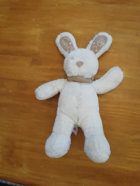 Doudou Peluche nicotoy lapin blanc velours marron Beige bandana Broderies