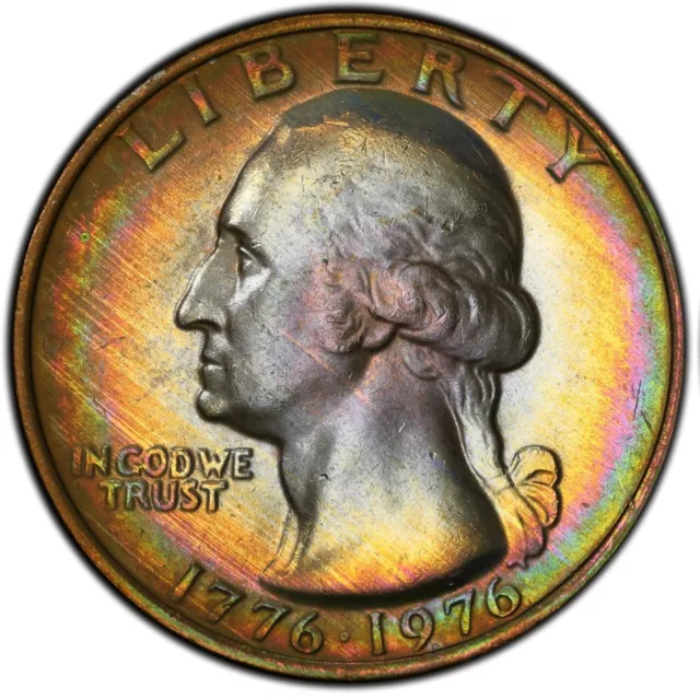 MS66 1976 25C Washington DBQ Bicentennial Quarter, PCGS Trueview- Rainbow Toned