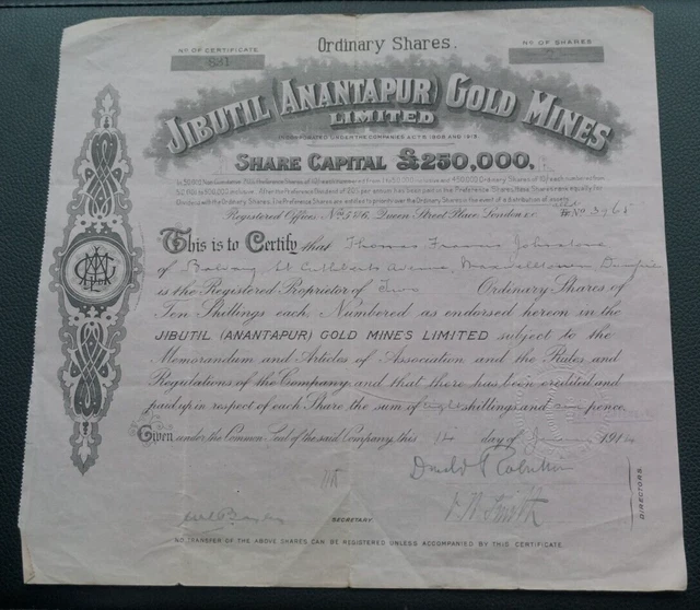 India, Jibutil (Anantapur) Gold Mines Ltd share certificate dated 1914, on pink