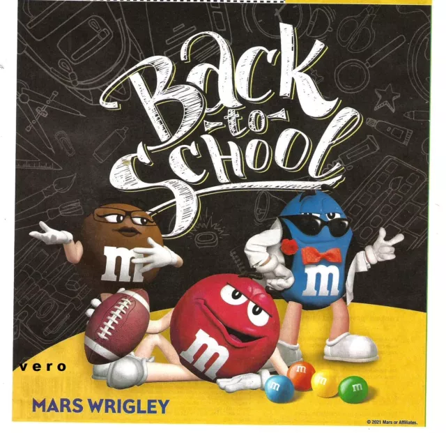 2021 print ad M&M's BACK TO SCHOOL mms M&M candy red blue brown 3/4 page
