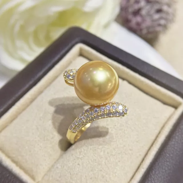 Gorgeous huge AAAAA 9-10 mm round natural south sea golden pearl ring 925S