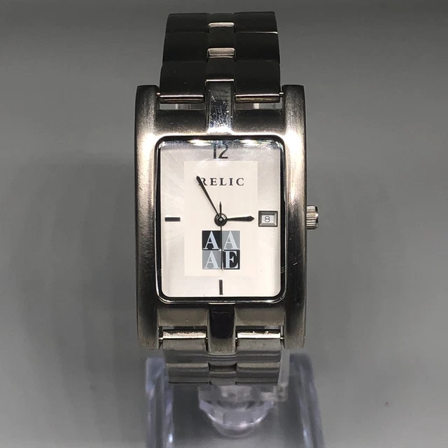 Relic Watch Women Silver Tone AAAE Logo Rectangle Case Date Window New Battery