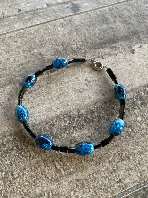 Bracelet Artisan Glass Blue Black Beads