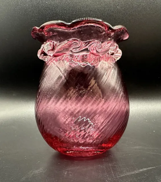 Pilgrim Art Glass Vase Ruffled Rippled 3.5"x2.5" Cranberry Vintage