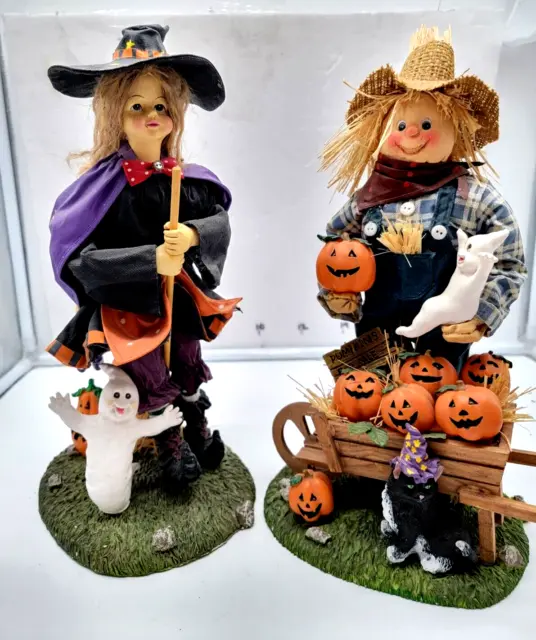 Vintage Witch and Scarecrow Fabric Mache Figurines 13" Halloween Decor