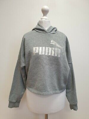 Ss412 Girls Puma Grey Spellout Cropped Hooded Sweatshirt Age 13-14 Years