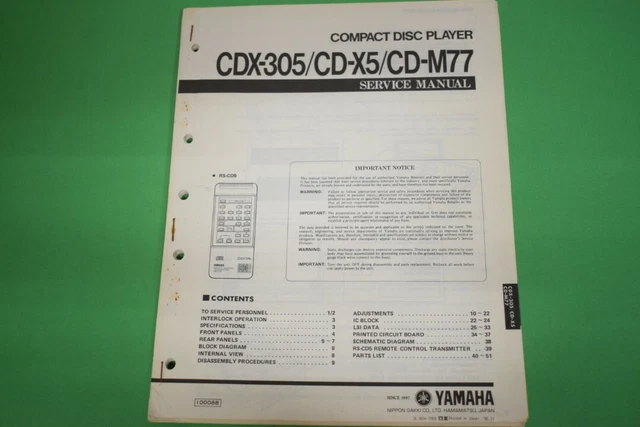 Instructions d'entretien/plan de commande originales Yamaha CDX-305/CD-X5/CD-M77 lecteur CD !!
