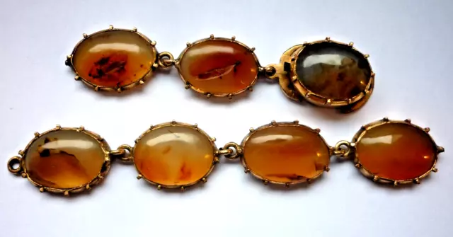 Antique Pinchbeck Bracelet +7 Genuine Old Cabochon Fossil Amber Gems +Inclusions