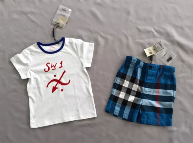 NWT BURBERRY Children / Kids T-SHIRT & BLUE CHECK SHORTS 2PC SET 2- 3 BOYS SZ 3Y