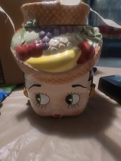 Rare Vintage 1998 BETTY BOOP ceramic cookie jar with fruit basket hat.Sold As Is