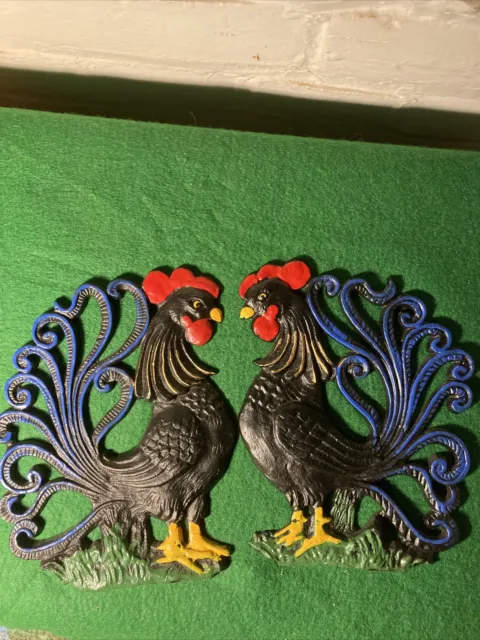 Vintage Wrought Iron Rooster Set Pa Dutch Hand Painted 7 Inches Set Of Two