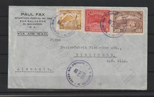 El Salvador San Salvador Luftpost-Brief nach Eislingen, 1939 #1091235