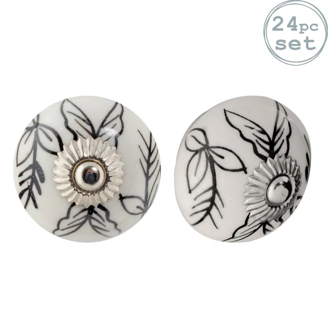 Bouton en céramique Porte d'armoire armoire poignée - Floral - Blanc / Noir x24