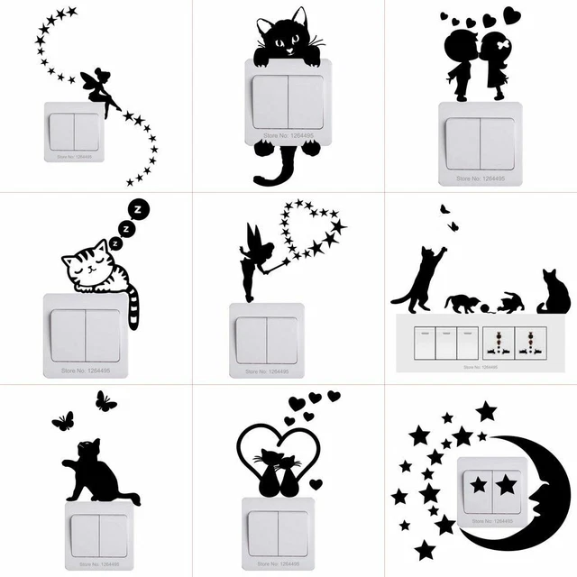 Light Switch Wall Sticker Room DIY Cat Dog Moon Stars Decal Children Home Decor