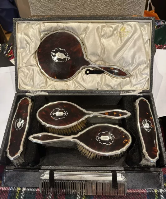 Antique Silver & Turtle Shell 6 Piece Dressing Table Set. Elkington B,Ham 1926.