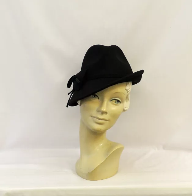 Sombrero Trilby Negro De Colección Estilo 1930 Años 1940 100% Fieltro Lana Corta Inclinable