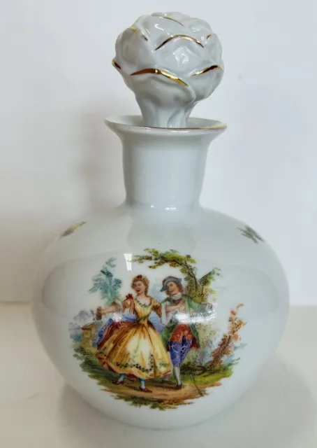 Vintage ERPHILA German Courting Scenes And Floral Perfume Bottle w/Rose Stopper