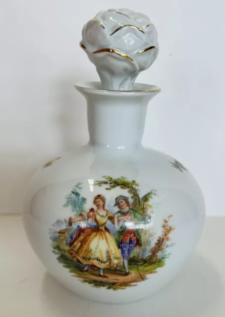 Vintage ERPHILA German Courting Scenes And Floral Perfume Bottle w/Rose Stopper