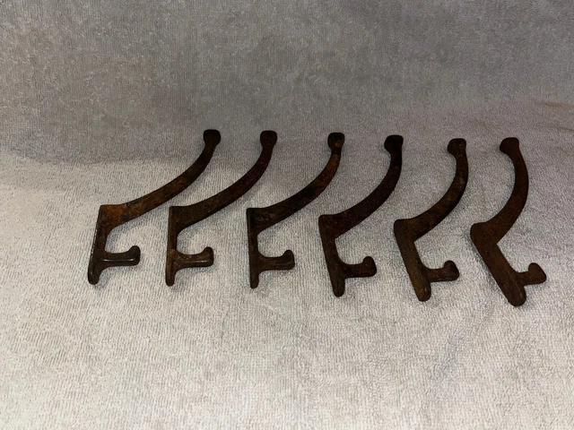 Antique - 6 Cast Iron Coat Hooks - 2.5" mount and 5" Double Hook