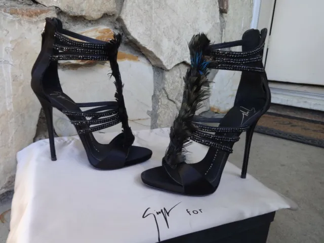 Giuseppe Zanotti "Feather"  Crystal Embellished Black Satin Sandals Size EU 36