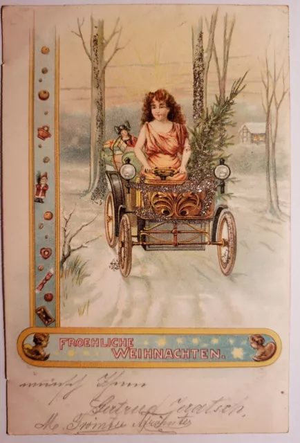 AK Historische Weihnachtskarte, Weihnachten, Spielzeug, Engel, Glitzer, gel.1900