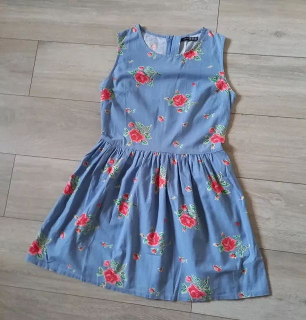 Blue Chambray Cotton Rose Print Flared Dress Retro Boho Quirky Holiday UK10 2