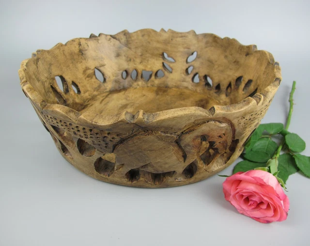 African Fruit / Serving Bowl. carved wood. Elephants. Vintage. Large size. 13"