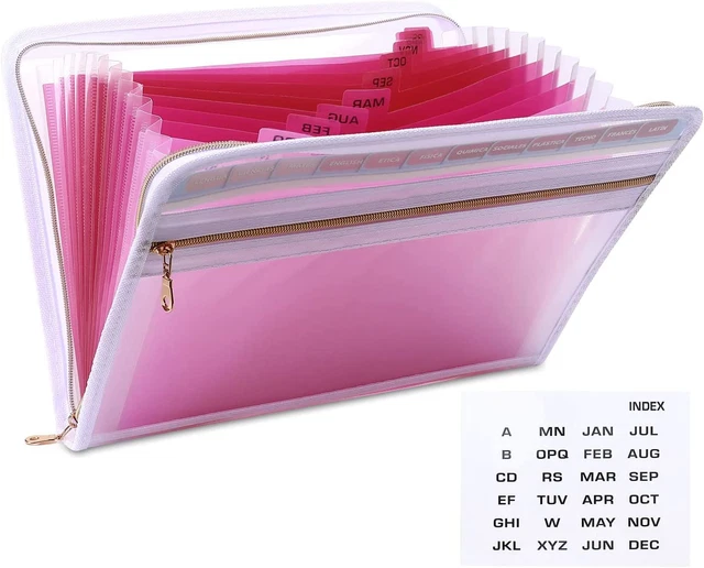 FILE FOLDER, 13 Pockets, Transparent PP Material, A4 Size, PinkClear
