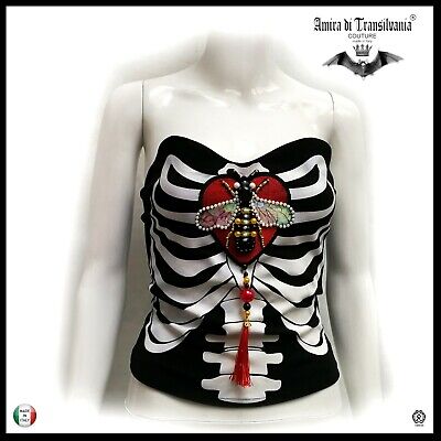 abbigliamento donna top estivo t-shirt ricamato gotico ape cuore scheletro ossa