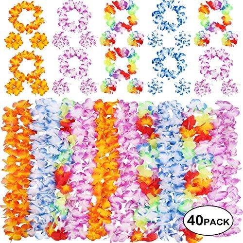 40 Pcs Hawaiian Leis, Luau Party Supplies of Elastic Flowers Necklace