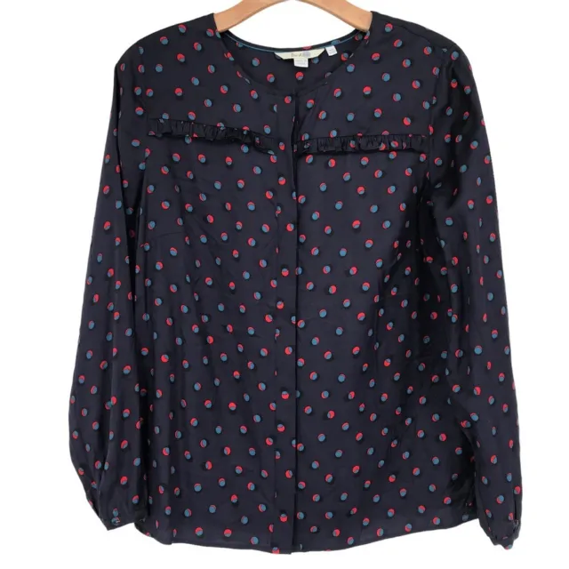 Boden women's blouse top navy blue polkadot silk blend size 10 long sleeve